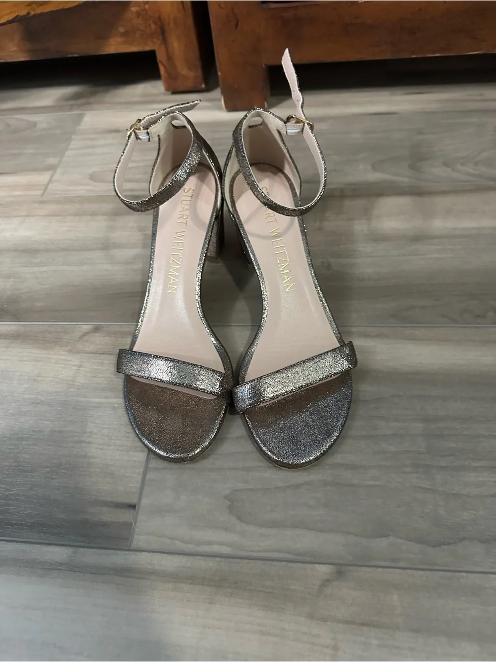 Stuart Weitzman Metallic silver Ankle-Strap Block Heel Sandals